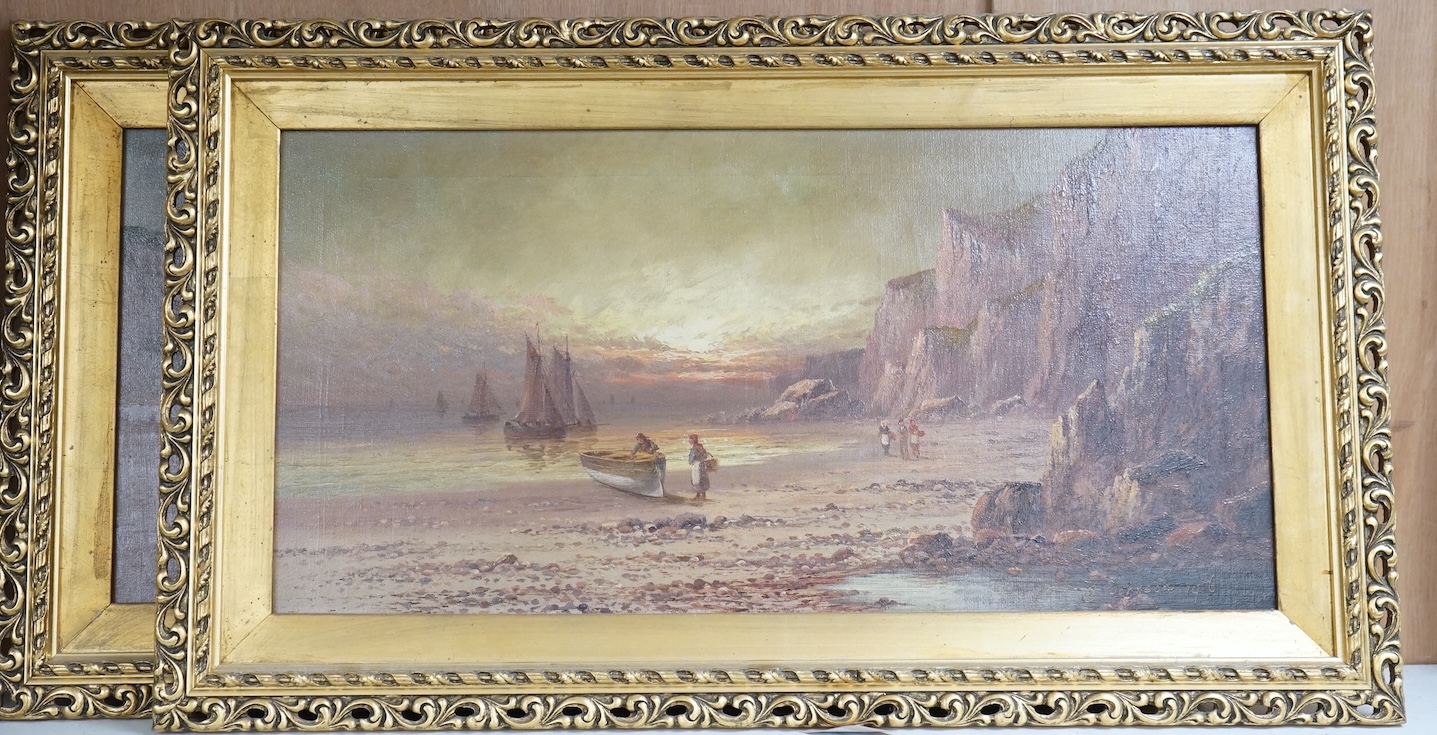 Sidney Yates Johnson (fl.1890-1926), pair of oils on canvas, Coastal scenes with fisherfolk, each signed, 29 x 59cm, housed in ornate gilt frames